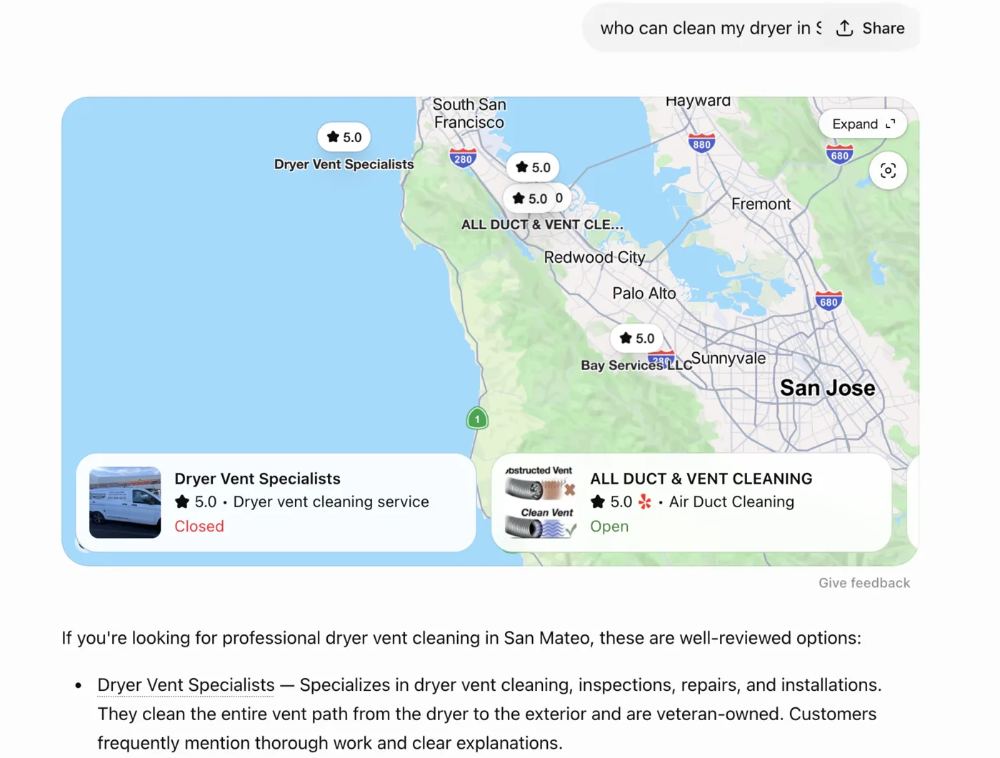 A ChatGPT answer to “who can clean my dryer in San Mateo” listing Dryer Vent Specialists first, with a map of the Bay Area.