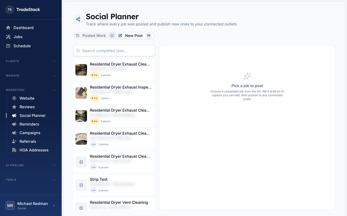 TradeStack AI content pipeline turning a job into marketing